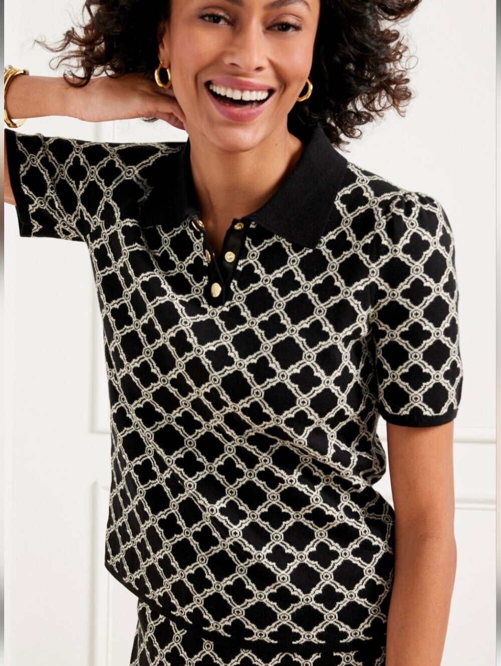 Talbots SZ L Petite Sweater Johnny Collar Chevron Laticce Jacquard Short Sleeve